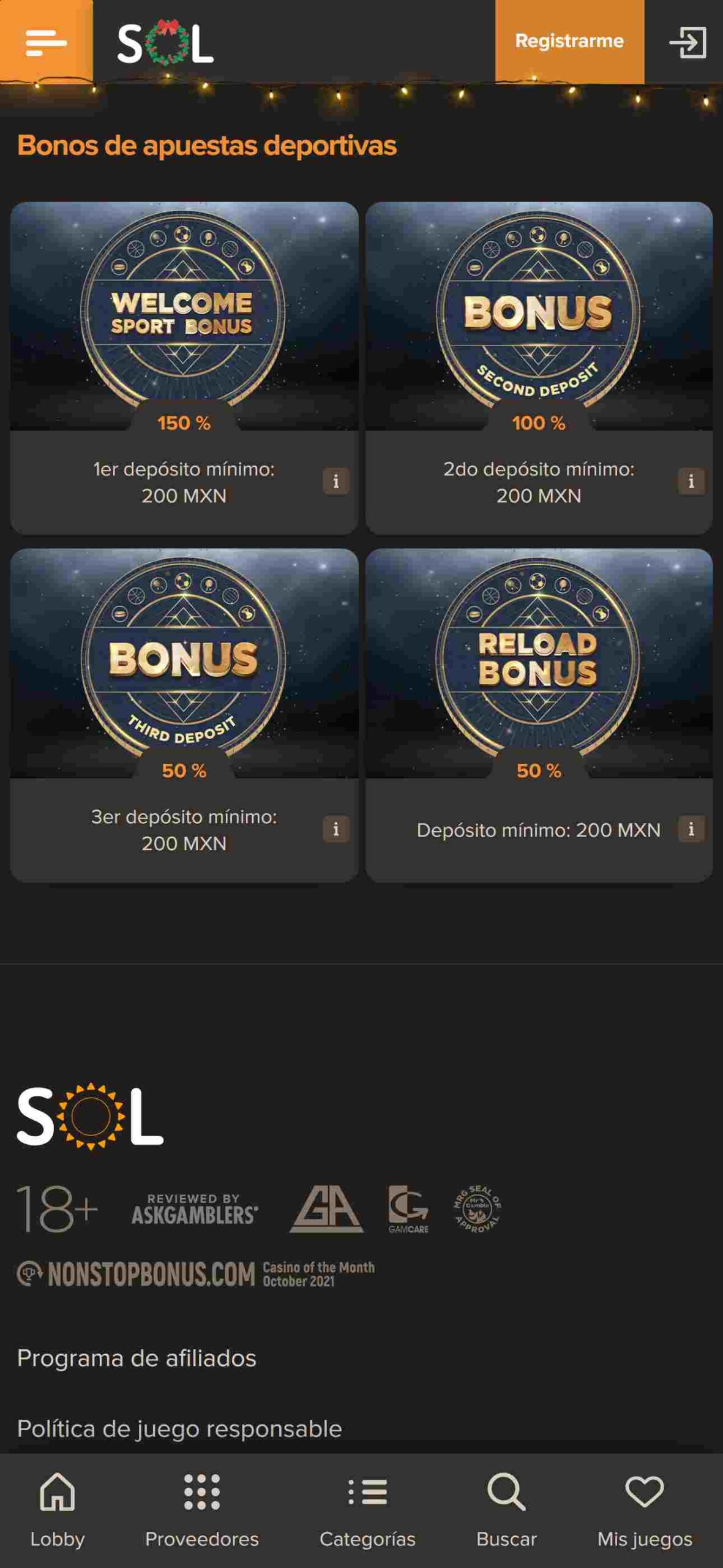 Sol Casino bonos y promociones