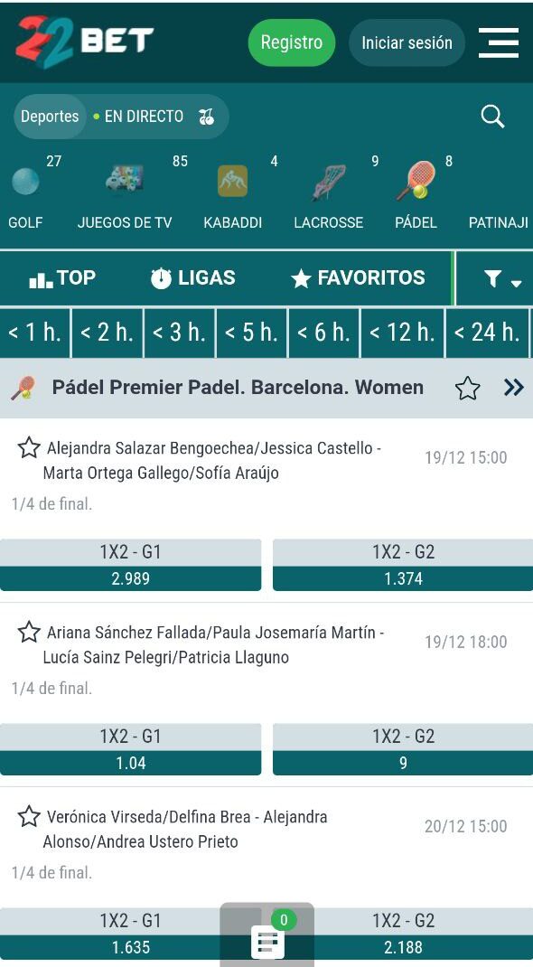 22bet casa de apuestas Pádel