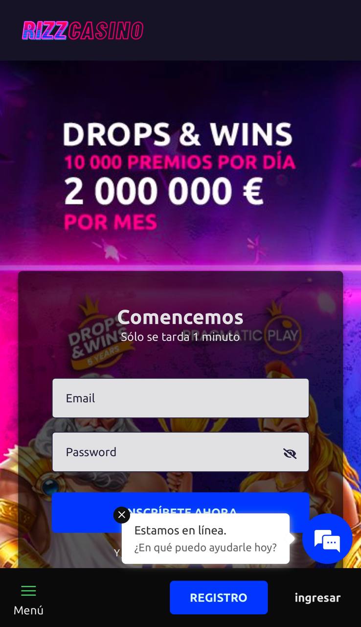 Página de inicio de Rizz Casino