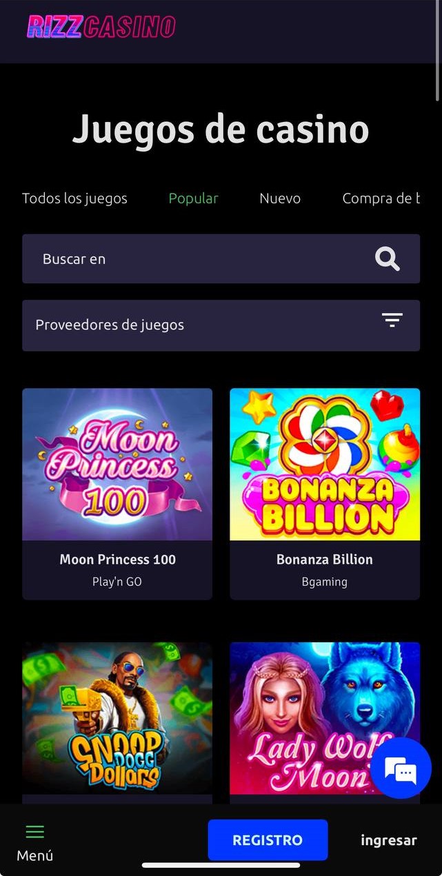 Juegos populares en Rizz Casino