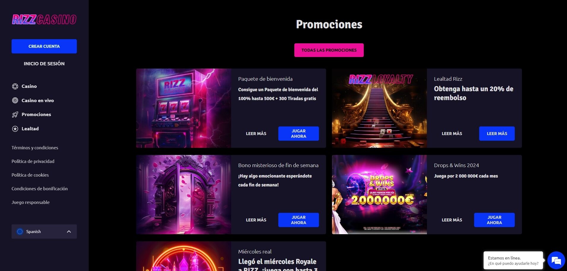 Sección de promociones en Rizz Casino