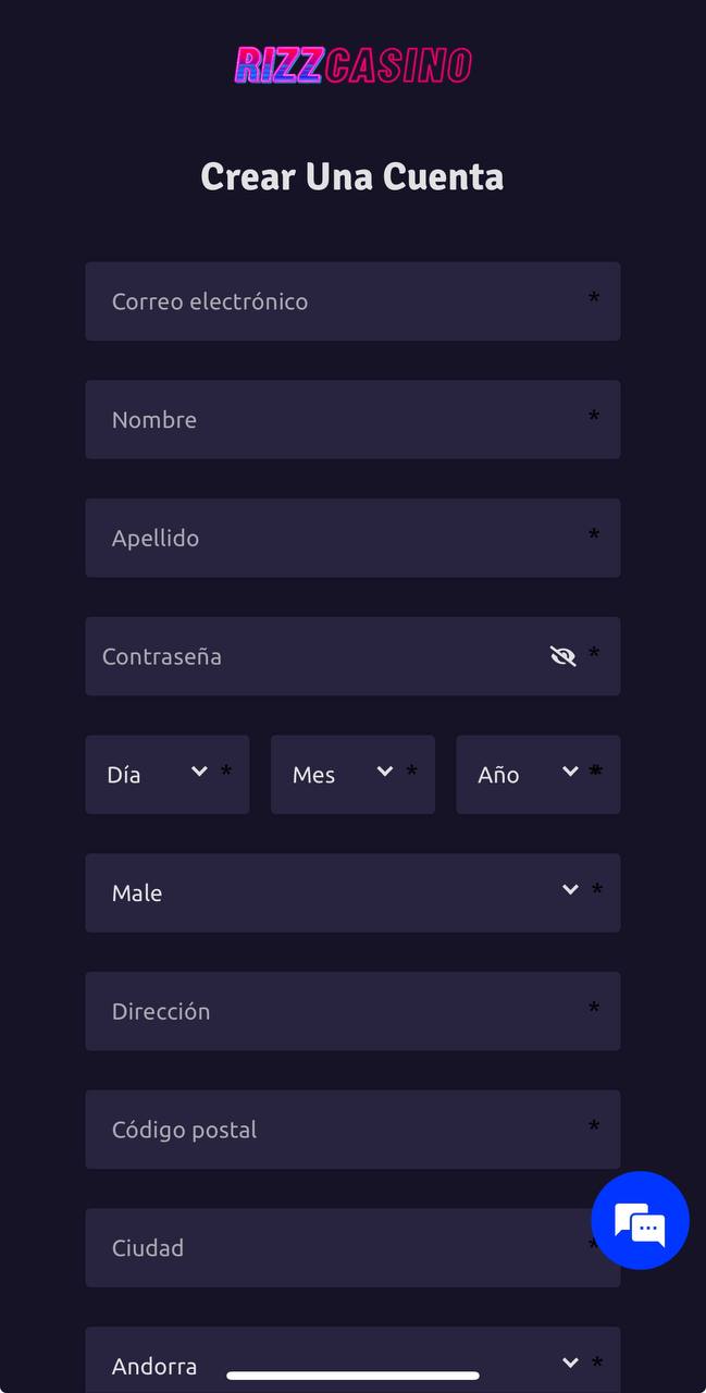 Formulario de registro en Rizz Casino