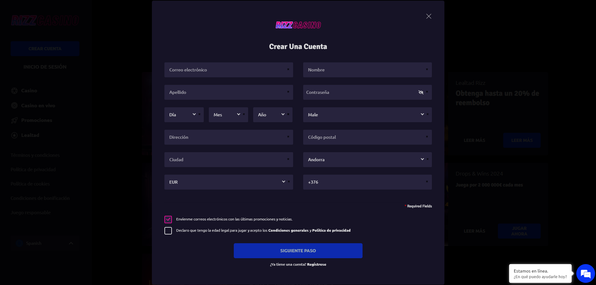 Formulario de registro en Rizz Casino