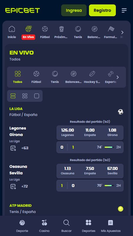 Interfaz de apuestas en vivo de Epicbet