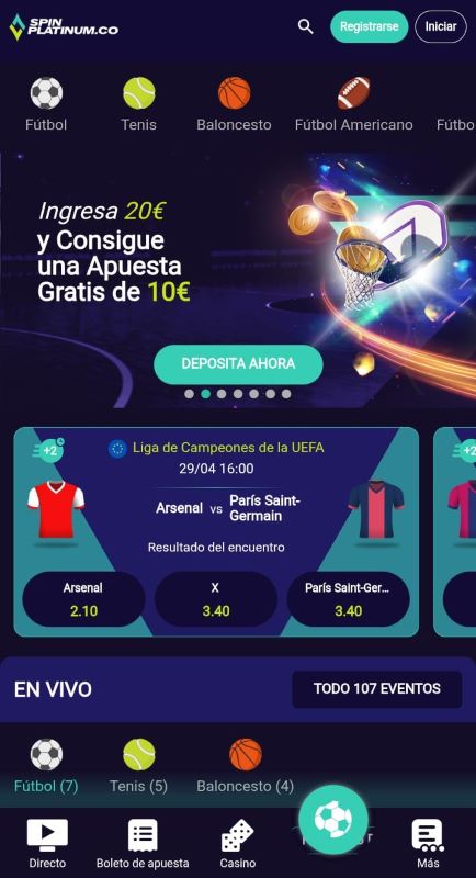 Sección de apuestas deportivas en línea en spinplatinum