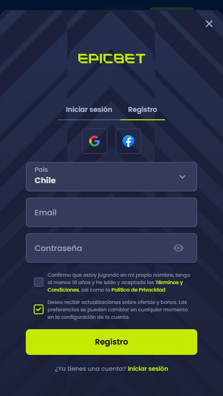 Crear una cuenta en Epicbet