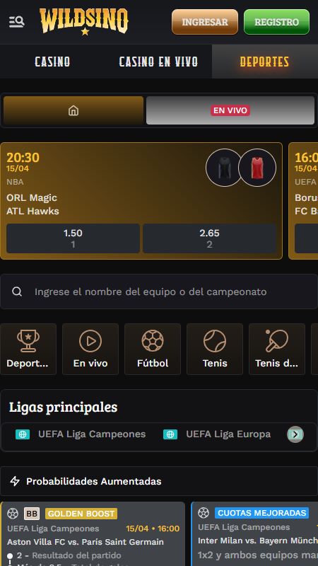 Online sports betting section on Wildsino