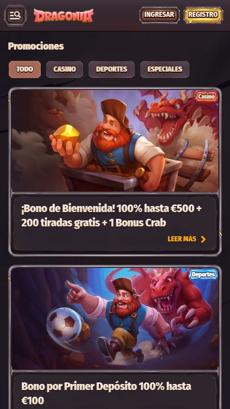Página de promociones en Dragonia