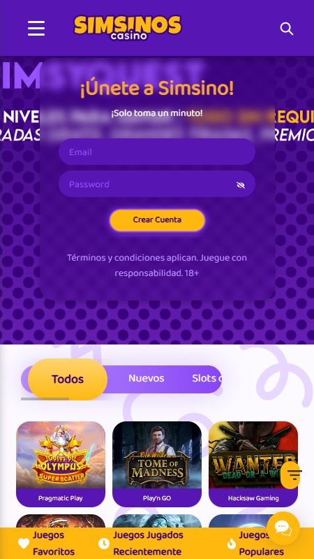 Página principal de la casa de apuestas Simsinos