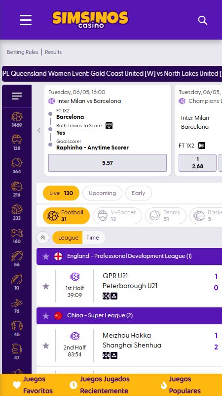 Interfaz de apuestas deportivas de Simsinos