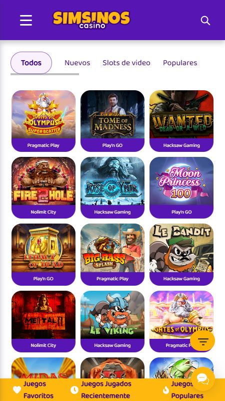 Interfaz del casino de Simsinos