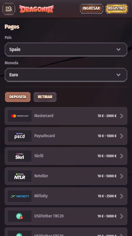 Sección de métodos de pago en Dragonia